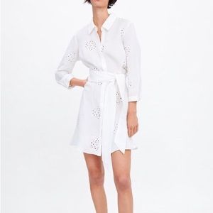 Zara white linen eyelet tie waist dress
